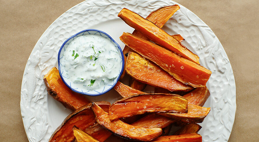 Baked Sweet Potato Fries with Greek Yogurt Dip - Lower Cholesterol Diet Recipe