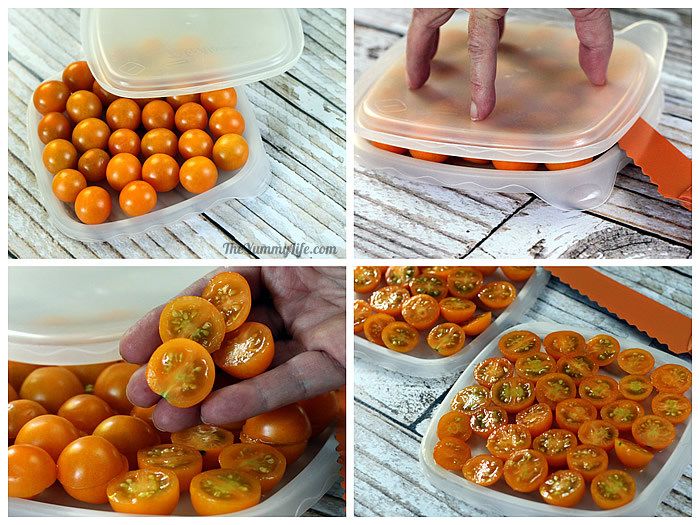 cherry tomatoes between two plastic lids and run a knife through the gap to halve them in one swift motion